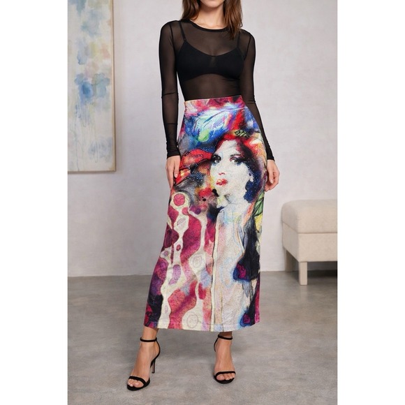 The Unbranded Brand Dresses & Skirts - Surreal Art Portrait Midi Skirt Beaded Abstract Stretch Statement Piece